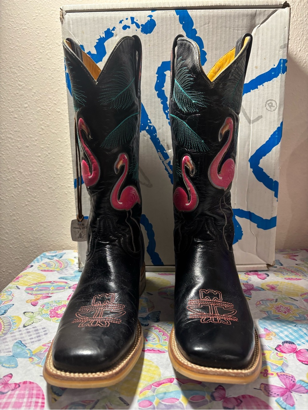 Tin Haul Co-Black Leather Women's Western Boots with Pink Flamingo Embroidery